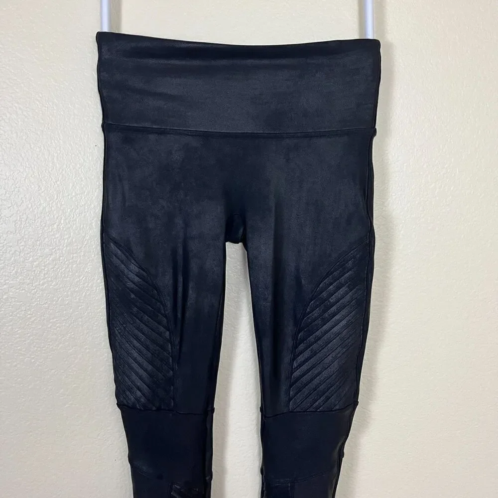 Spanx Women's Size M Black Faux Leather Moto Seamless Leggings Biker Modern